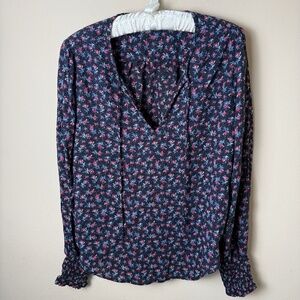 Lucky Brand Peasant Blouse Womens Small Navy Pink Floral Boho Bohemian Top Shirt
